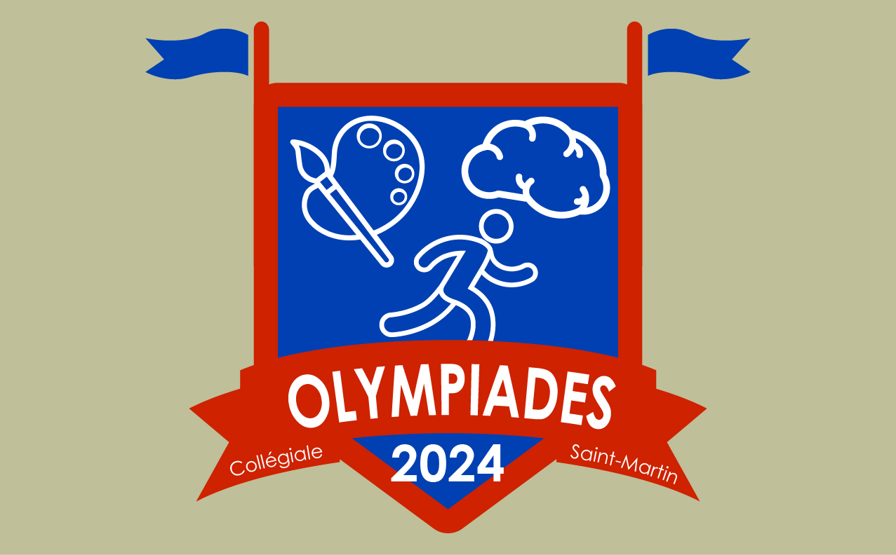 Ecusson des Olympiades de la Collégiale : une palette de couleurs, un bonhomme qui court, un cerveau