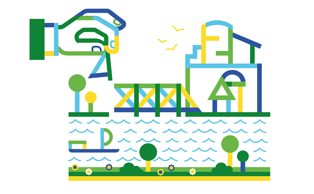 Illustation d'une rivière bordée d'un pont, d'arbres et d'architecture